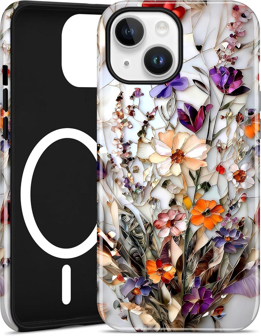 Jusy Compatible with MagSafe Flower Case for iPhone 14 Plus, Aesthetic Stained Glass Floral Magnetic Phone Case, Soft TPU and Hard PC Protective Cover for Women Girls (Shiny) - Bouquet