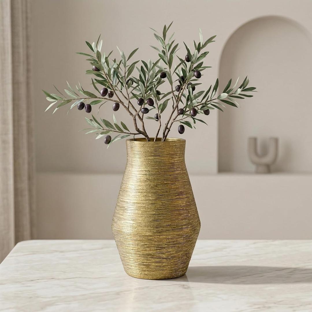 Gold Ceramic Vase, 10 Inch Modern Pottery Vases for Centerpieces, Decorative Textured Flower Vase for Living Room, Easter Table, Dining Table, Fireplace Mantel Decor