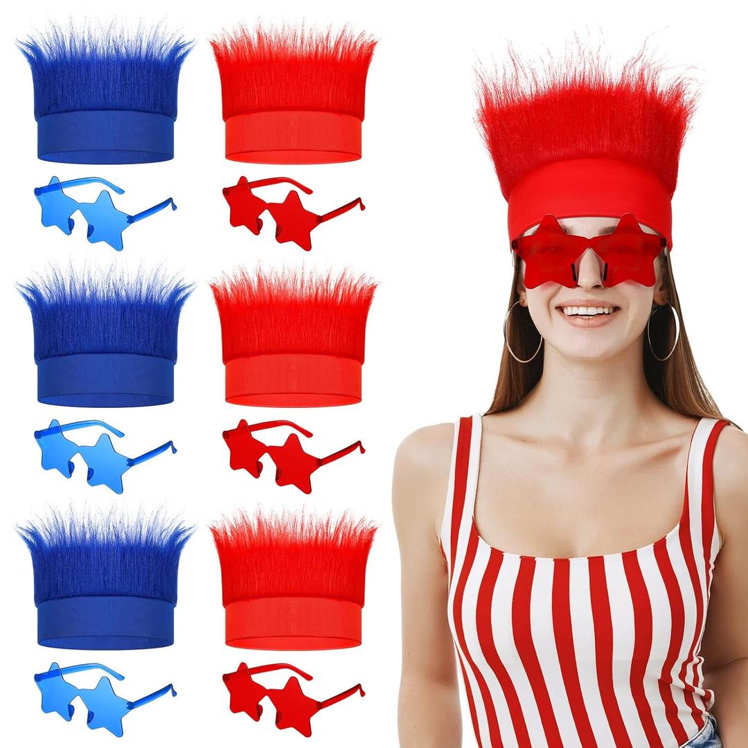 12 Pcs 4th of July Accessories Red Blue Hairy Headband Wigs Independence Day Star Sunglasses for Adults Patriotic Party Favors Masquerade Cosplay Crazy Hair Day