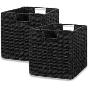 Vagusicc Storage Basket, Set of 2 Hand-Woven Storage Baskets for Organizing with Handles, Foldable Cube Storage Baskets Bins Organizer, 13 inch Large Wicker Baskets for Shelves & Decor, Black
