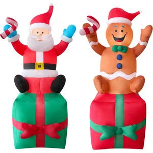 2 Packs 6ft Christmas Inflatable Santa and Gingerbread Man on Gift Box Christmas Blow Up Decor for Outdor/Home/Lawn/Yard Decoration