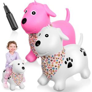 2 Pack Bouncy Animal Dog Hopper Inflatable Bouncing Horse Hopper Toys Jumping Ride on Hopping Bounce with Pump Rubber Bouncing Animal Gift for Boys Girls(White, Pink,Classic Style)