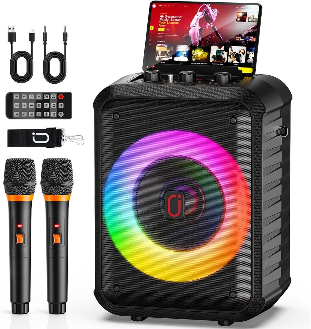JYX Karaoke Machine, Portable Bluetooth Speaker with 2 Wireless Microphones, RGB Lights, Echo, 40W 5.25" Woofer, Rechargeable, AUX/USB/TF, Mic In, for Adults & Kids, Home Party & Outdoor & Church(Black)