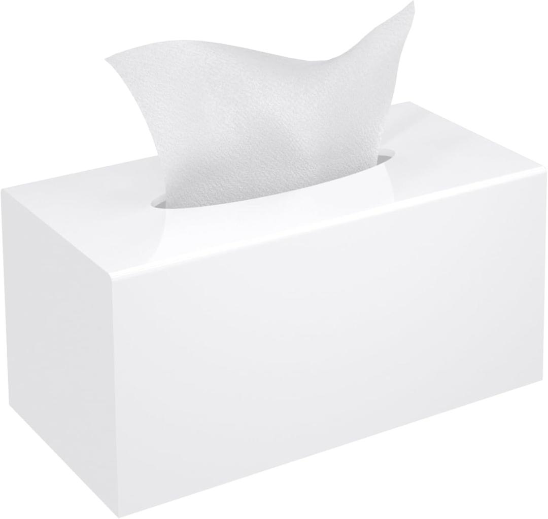 Tissue Box Cover, PITBVO Acrylic Tissue Box Holder Rectangle Upgrade Size Facial Tissue Holder Handmade Napkin Dispenser for Bathroom Kitchen Bedroom Home Office (Glossy White, 9.85"L x 5.1"W x 5.3"H)