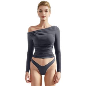 SUUKSESS Women Off Shoulder Long Sleeve Shirts Double Lined Fitted Crop Tops (Medium, Grey)