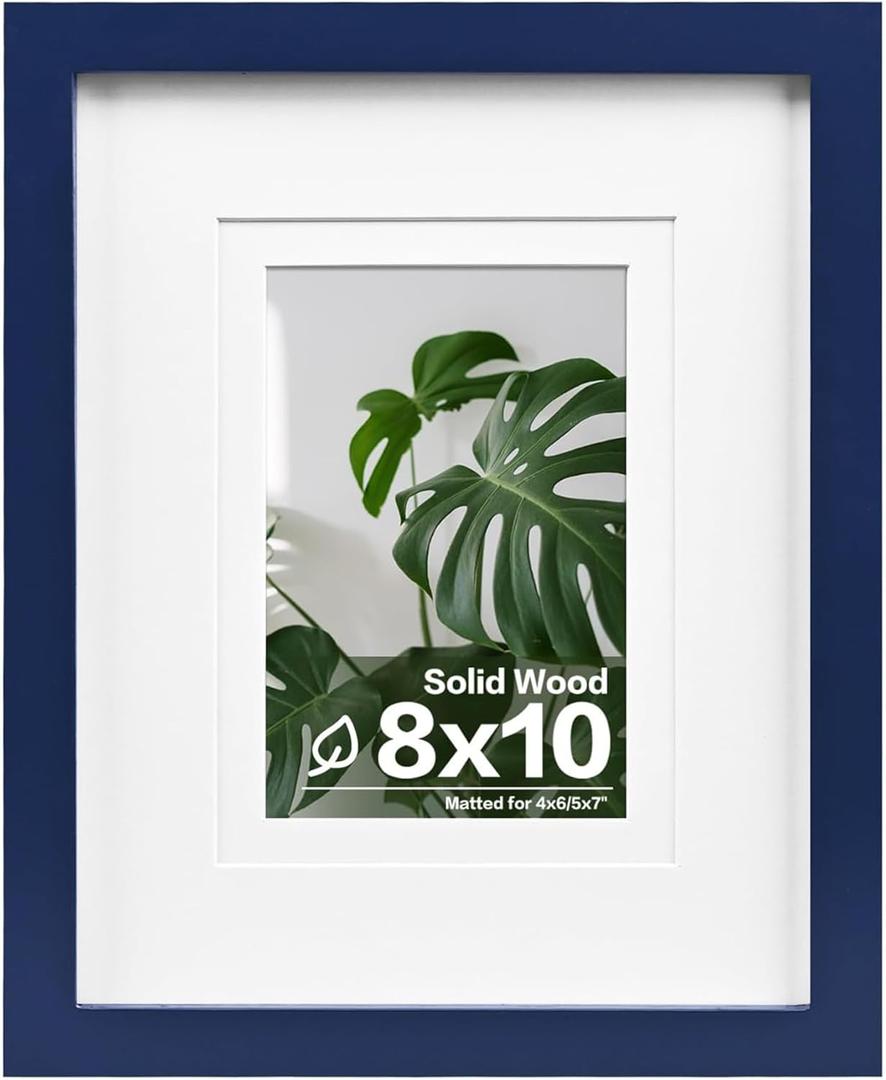 Egofine 8x10 Picture Frame Made of Solid Wood Covered by Plexiglass, Display Pictures 4x6/5x7 with Mat or 8x10 Without Mat for Table Top Display and Wall Mounting Photo Frame, Navy Blue