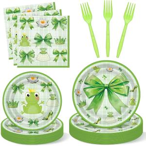Havawish 96 Pcs Frog Birthday Decoration Green Bow Paper Plates and Napkins Coquette Baby Shower Party Supply Frog Themed Party Plates for 24 Guests Birthday Baby Shower Cute Summer Tableware