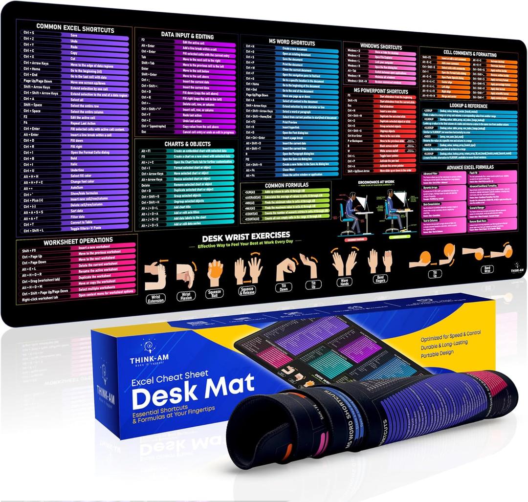 Excel Cheat Sheet Desk Pad, 31.5"x11.8", Waterproof Extra Large Excel Shortcut Mat with Stitched Edges, Anti-Slip Excel Mouse Pad for Office Desk, MS Excel/Word/Powerpoint & Windows Shortcuts
