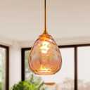Colorful Amber Hammered Glass Pendant Light with Brass Gold Accent, Adjustable Hanging Lamp for Kitchen, Dining Room, and Living Room