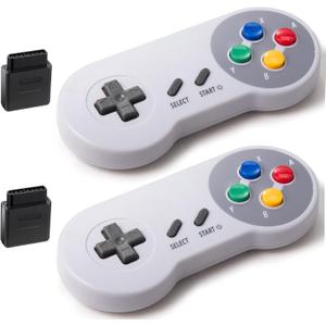 KIWITATA 2 Pack Wireless Controller for SNES Original Console, 2.4GHz Rechargeable Wireless Remote Gamepad for SNES Nintendo Entertainment System Console-7 Pin Connector (Colorful button)