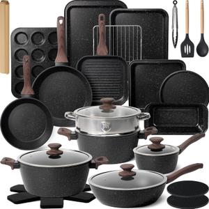Kikcoin Pots and Pans Set Non Stick 31 Piece Kitchen Nonstick Cooking Cookware Sets with Grill Pan Saucepan Baking Sheet Utensil, Black