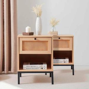 Nestl Night Stand, 1-Drawer Bedside Table for Bedroom Storage, Bedroom Essentials, Wood Rattan Nightstand, Living Room Side Table, Modern Farmhouse End Table, Bedroom Furniture - 2 Piece, Natural