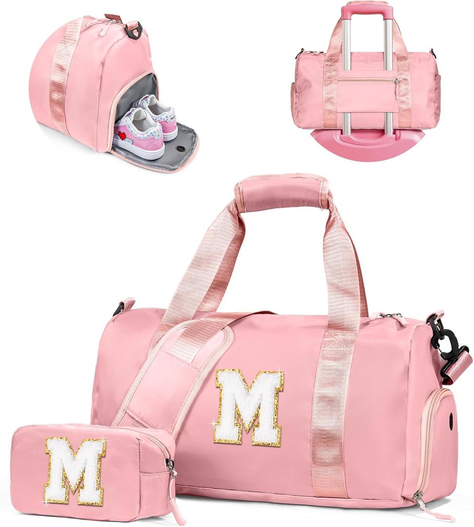 Gifts for 3 4 5 6 7 8 9 10 Year Old Girls-Girl Gym Bag with Shoe Compartment, Kid Personalized Weekender Dance Bags, Initial Travel Tote with Makeup Pouch, Gift Ideas for Kids (Letter M) (Solid Pink)