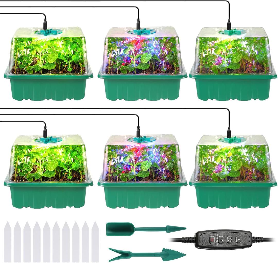 Seed Starter Trays with Grow Lights, 72 Cells Seed Starter Kit with Lights, 3 Lighting Mode, 4 Timing Set, Germination Kit for Seed Starting Trays, Seedling Starter with High Humidity Control Domes (6PCS, Green 6pcs)