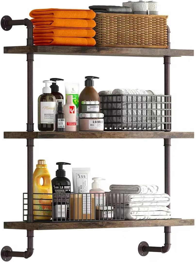 Helsin 3 Tier Industrial Pipe Shelf Rustic Wood Floating Shelves,Wall Display Bookshelf,Storage Rack Sundries Holder for Kitchen Office Bathroom Organization and Home Decor (24inch) (1set)