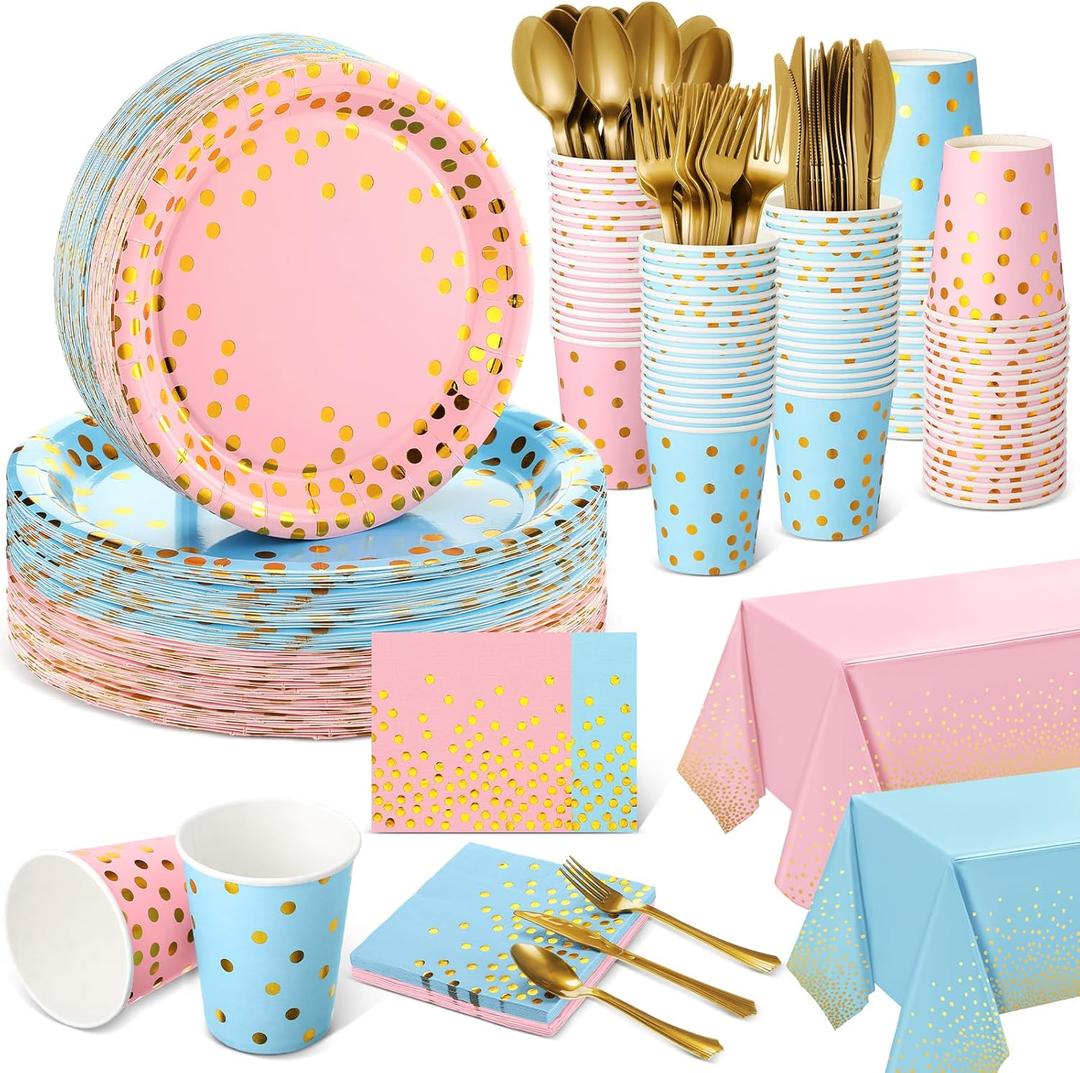 Tegeme 256 Pcs Blue and Pink Baby Shower Gender Reveal Party Decoration Serve 36 Guest Gold Dot Disposable Tablecloth Plates Napkin Cup Plastic Fork Knives Spoon for Birthday Party Supplies