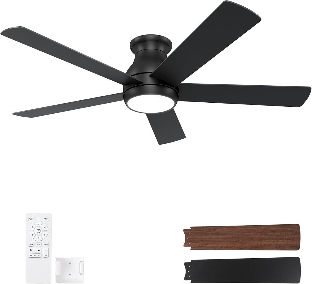 POCHFAN 52 Inch Black Ceiling Fans with Lights and Remote, LED Low Profile Flush Mount Ceiling Fan for Bedroom, Living Room, with Quiet DC Motor, Dimmable 6 Speeds