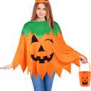 LOAVER 3 Pcs Halloween Pumpkin Costume for Women Adults,Pumpkin Poncho with Headband and Candy Bag for Halloween Costume Trick Or Treat Cosplay Party Accessories