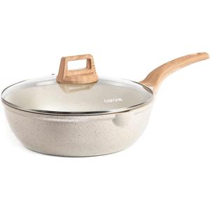 CAROTE 12Inch Nonstick Deep Frying Pan with Lid, 5.5 Qt Jumbo Cooker Saute Pan with Pour Spout, Skillet Induction Cookware, Non Stick Cooking Pan Kitchen Pan PFOA Free, White Granite