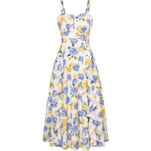 Belle Poque Sun Dresses for Women Spring Summer Floral Midi Flowy Spaghetti Ruffle Wedding Guest Tea Party Dress (XX-Large, Yellow Blue Floral)