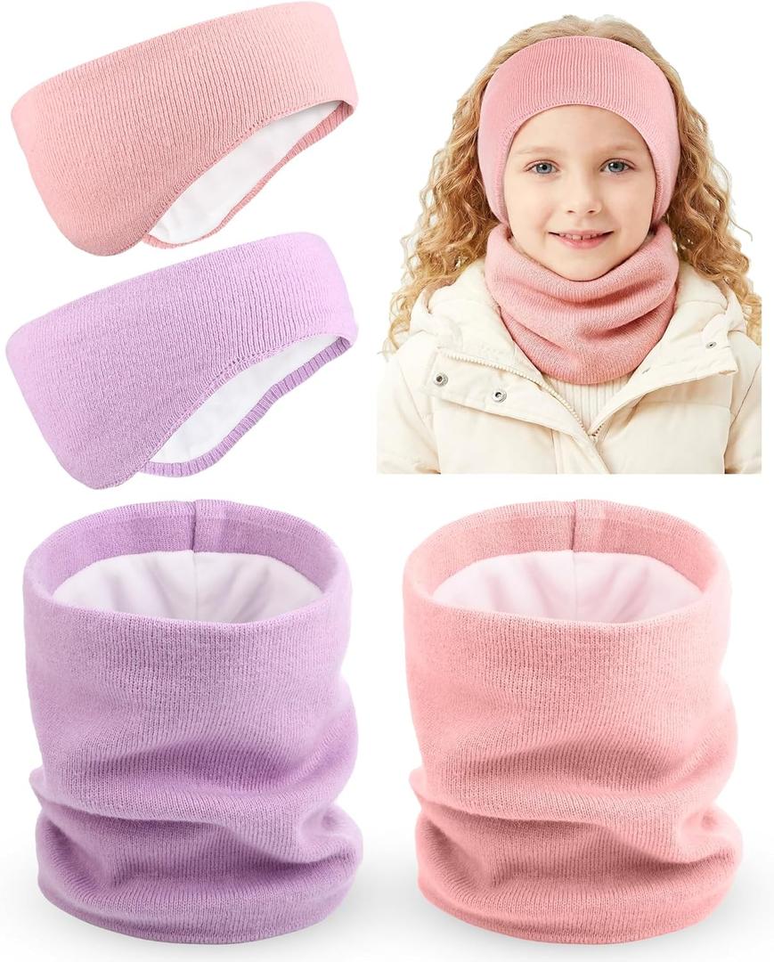 JenPen 4 Pcs Double-layer Ear Warmers Winter Neck Warmer Set for kids Headband-Knit Fuzzy Lined Winter Ear Muffs Neck Gaiter Set