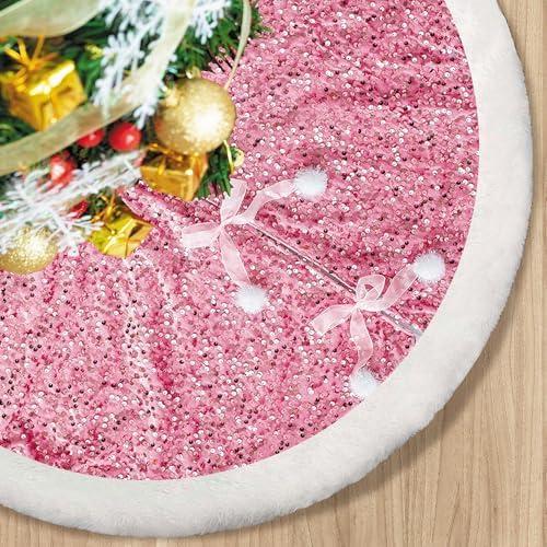 Christmas Tree Skirt, Hot Pink Sparkly with Faux Fur Plush Christmas Decorations Tree Base Mat Thick Velvet Rugs for Xmas Party Home Decor (Hot Pink)