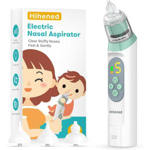 Electric Nasal Aspirator for Baby, Nose Aspirator for Toddlers, Waterproof Baby Nose Sucker, Nose Cleaner with 3 Silicone Tips, Adjustable Suction Level, Music and Light Soothing Function, Green