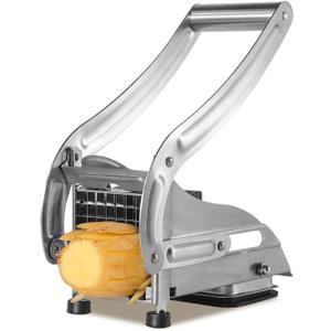 Stainless Steel Potato Slicer & French Fry Cutter - 2 Blades (1/2" & 1/3") for Homemade Fries, Non-Slip Suction Base, Easy Chip & Sweet Potato Maker (Silver)
