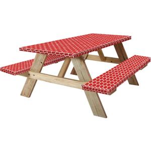 KENOBEE 6ft Picnic Table and Bench Fitted Cover, 72" Flannel Backing Elastic Edge Waterproof Wipeable Plastic Cover Fitted Vinyl Tablecloth for Home Goods Indoor Outdoor Patio, Red-white Moroccan