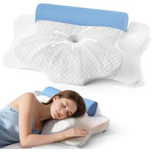 Cervical Neck Pillow for Sleeping, Ergonomic Contour Memory Foam Pillow for Neck and Shoulder Pain Relief, Soft for Side Sleep Stomach Sleeping and Back Sleeper (White&blue)