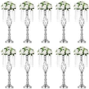 Nuptio 10 Pcs Silver Wedding Centerpieces Flower Stand, 21.7in/55cm Height Wedding Road Lead Flower Vases, Crystal Artificial Flower Arrangements for Wedding Party Birthday Event Reception Home Decor