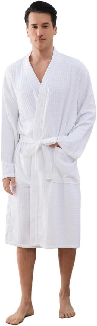 Mens Robes Waffle Lightweight Spa Knit Shawl Hotel Bathrobe Summer Soft Knee Length Sleepwear (White, XL)