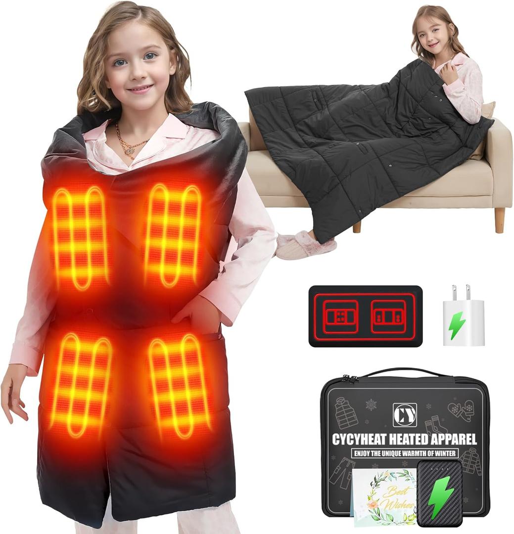 Kids Heated Blanket Battery Operated - Boys and Girls 7.4V DC Portable Wireless Cordless USB Heating Blanket for Outdoors (Black)