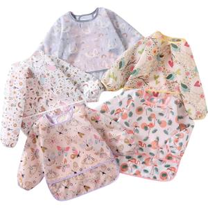 Sleeved Bib,5 Pack,Waterproof Shirt Bibs for Baby 3-24 Months Wipe Clean