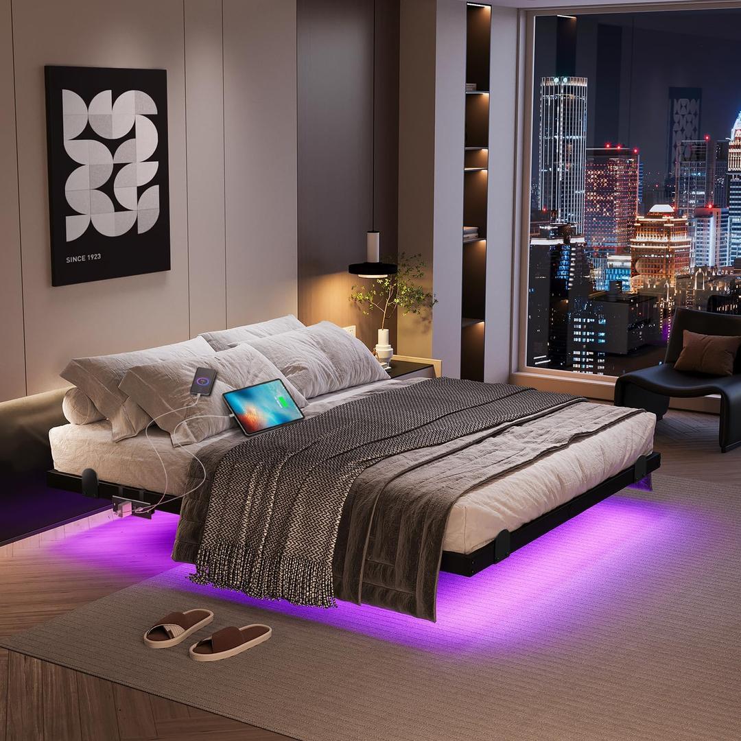 AGXI Floating Bed Frame with LED Lights and Charging Station, 14 Inch King Size Floating BedFrame - Modern King Size Bed Frame Easy Assembly No Box Spring Needed
