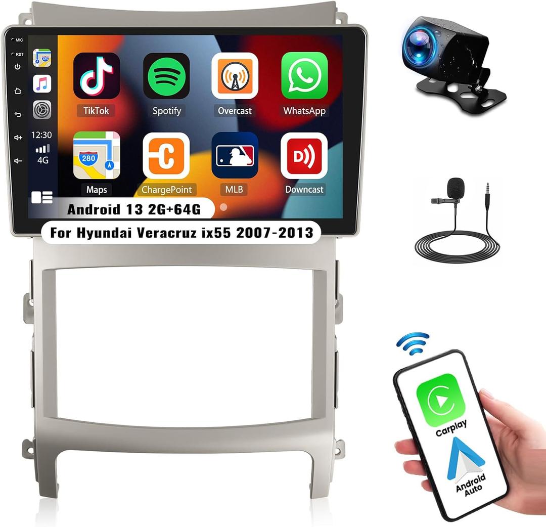 2+64G Android 13 Car Stereo for Hyundai Veracruz ix55 2007-2013 Auto AC Bluetooth Wireless Apple Carplay Android Auto Mirror Link,9" Touch Screen with GPS Navi,FM/RDS,WiFi,SWC+ Backup Camera&MIC