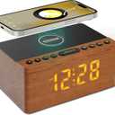 ANJANK Wooden Bluetooth Speaker, Alarm Clock with FM Radio, Qi Certified Fast Wireless Charging Station for iPhone/Samsung, USB Charger Port, Dimmable Display, Digital Wood Clock for Bedroom, Bedside