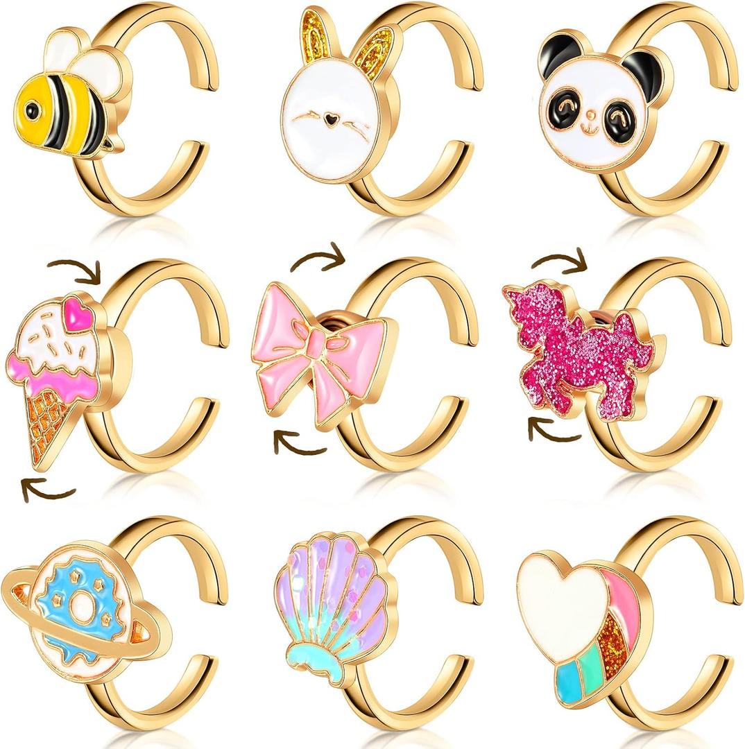 9 Pcs Fidget Anxiety Rings Rotatable Open Ring Set Cute Colorful Spinner Rings for Anxiety Stackable Rotating Calming Worry Adjustable for Women Lady Mood Relieve Stress