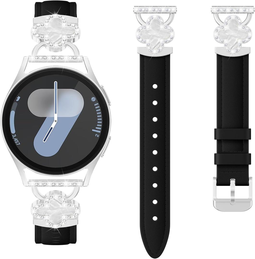 Leather Band for Samsung Galaxy Watch 7/6/5/4/ FE Band 40mm 44mm Women, Bling Leaf Clover Slim Watch Band Replacement Strap for Galaxy Watch 4/6 Classic/5 Pro/Active 2