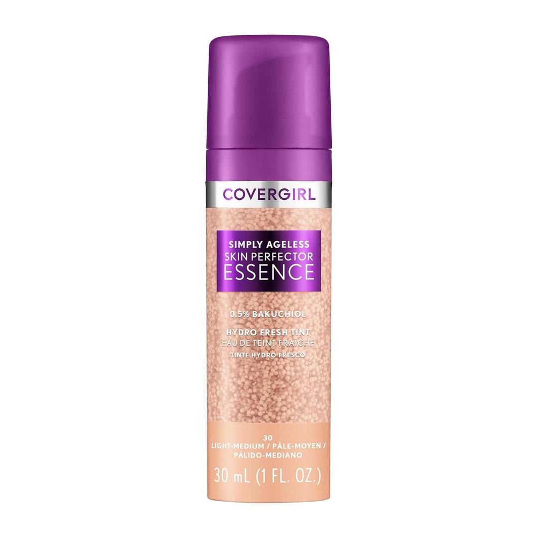 Covergirl Simply Ageless Skin Perfector Essence Foundation, 30 LightMedium,Tinted Skincare Makeup Hybrid, Sheer Tint, Radiant Finish, Glowy Finish, Vegan Formula, 1.0oz