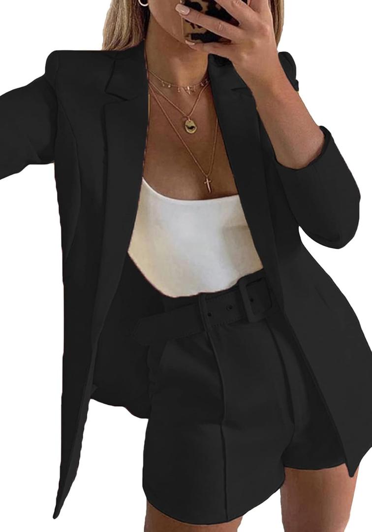2 Piece Outfits for Women Long Sleeve Solid Open Front Blazer Shorts with Belt Casual Elegant Business Suit Sets (Small, Black)