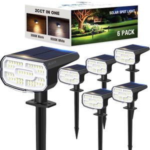 Solar Spot Lights Outdoor Waterproof IP65,6 Pack, 2CCT(3000K/6500K), Super Bright LED, 4 Lighting Modes Selectable, Solar Powered Yard Garden Solar Spot Lights for Outside Landscape Auto On/Off (2CCT-Warm&Cool)