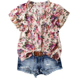 SOLY HUX Women's Plus Size Floral Blouse V Neck Ruffle Short Sleeve Vacation Summer Boho Tops (XL)