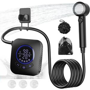 Portable Shower - 8000mAh Rechargeable Camping Shower Pump with Bath Sponge, 4 Spray Modes, IPX8 Waterproof, Ideal for Outdoor Camping, Travel, Car Washing, Pet Bathing, and Watering Plants (Black)