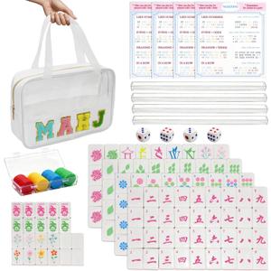 Mini Mahjong Set,American Mahjong Game Set,Complete Mahjong Tile Set with 166 White Tiles (1.2),4 Tile rulers,4 dice,1 Bag,100 Chips,5 Instruction Manuals,Mahjong Game Gift for Enthusiasts