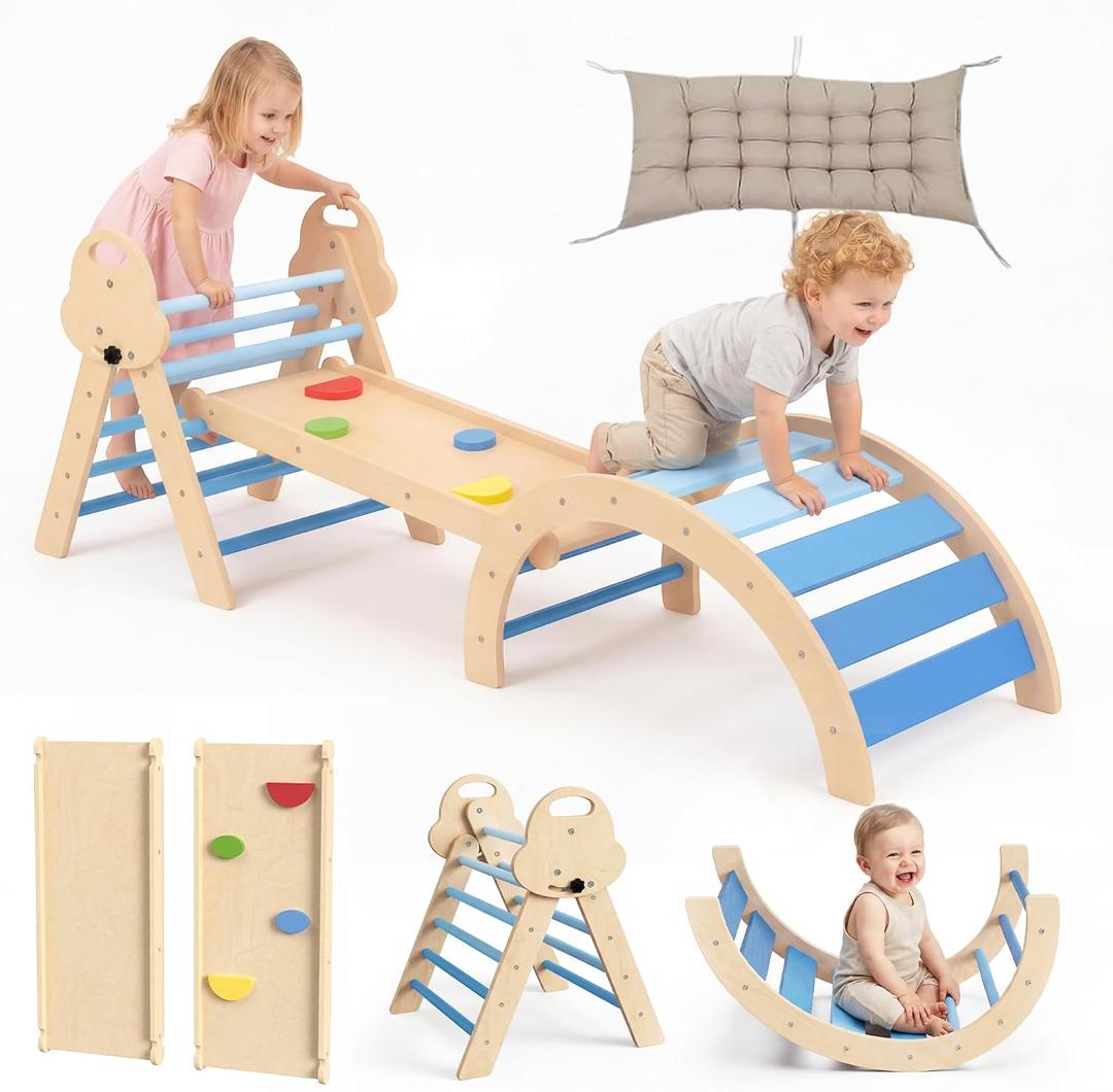 bbgroundgrm 8-in-1 Wooden Climbing Set for Toddlers with Cushion, Foldable Montessori Indoor Climber with Arch, Ramp and Triangle Ladder, Natural Wood Play Gym for Kids 1-3