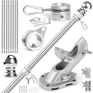 Anovo Flag Pole Kit- Stainless Steel 5 FT Flag Poles with1 Inch Metal 360 Rotating Flag Pole Rings Clip, Two-Position Flag Pole Holder Brackets Mounting for Outside House Outdoor Porch(5 FT - Sliver)