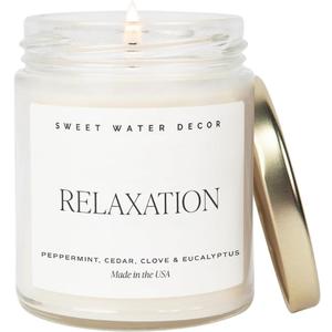 Sweet Water Decor Relaxation Candle - Soy Eucalyptus, Peppermint, and Clove Scented Spa Candles for Home - 9oz Clear Jar + Gold Lid, 40+ Hour Burn Time, Made in The USA (Text Label)