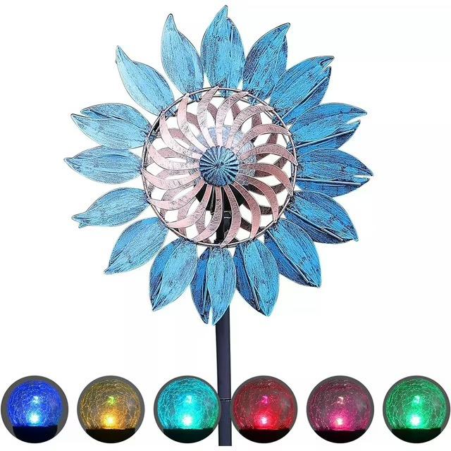 Solar Powered Dual-Sided Rotating Wind Spinner, Blue Leaf Windmill Garden Decor, Outdoor Yard Art Sculpture, Metal Iron Kinetic Spinner for Patio Lawn Landscape
