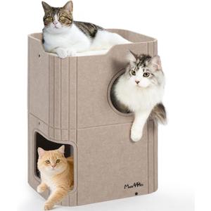 Made4Pets Cat House for Indoor Use, 2-Storey Cube Bed Cave, Covered Hideaway Condo with Scratch-Resistant Felt, Foldable Easy-to-Clean Design for Multi-Cat Homes, Beige